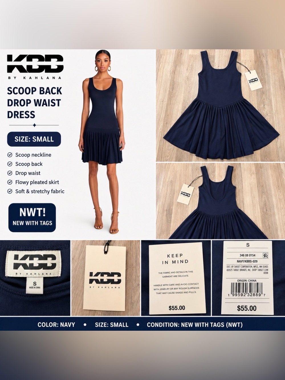 NWT KBB by Kahlana Navy Scoop Back Drop Waist Dress Size Small